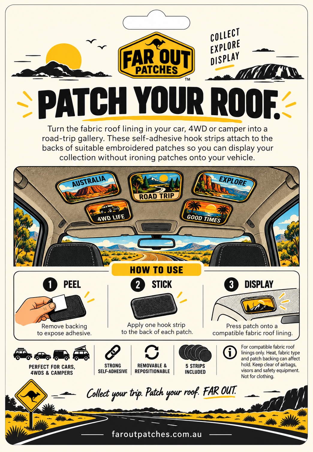 Back — FAR OUT Roof-Liner Hook Strips packaging with peel, stick and display instructions