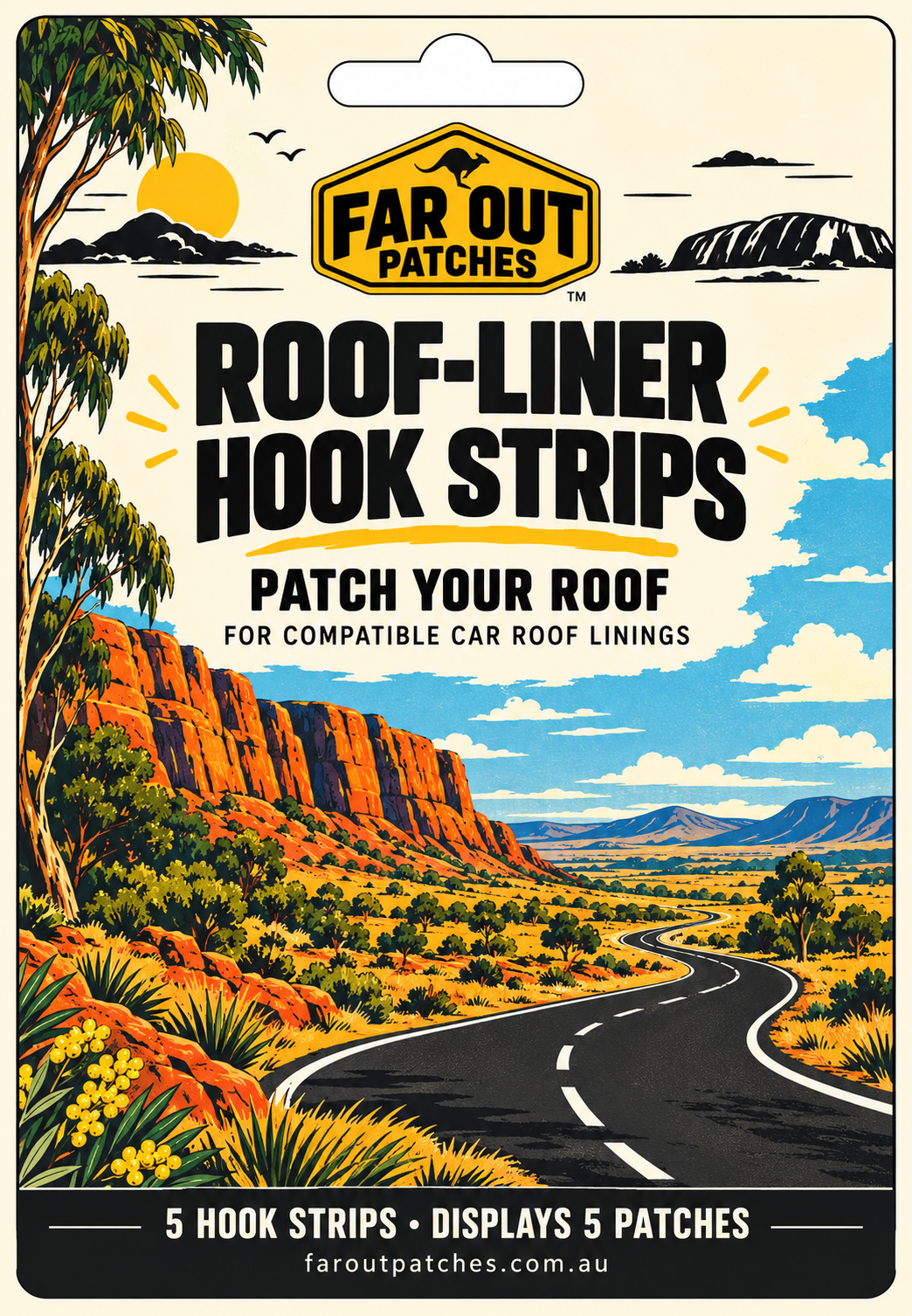 Front — FAR OUT Roof-Liner Hook Strips, 5 strips display 5 embroidered patches, retro travel packaging