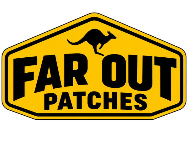 High resolution transparent FAR OUT PATCHES yellow kangaroo road sign logo